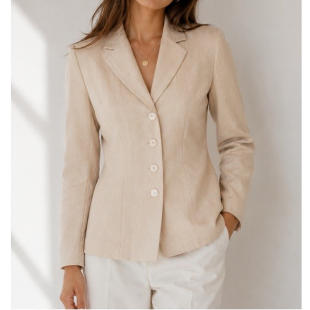 Le Suit Women's Beige Tan Pinstripe 4-Button Blazer Jacket Petite 6P NWOT